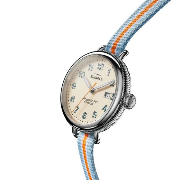 🌼 NWT Shinola Birdy blue, white + orange reversible nylon strap watch - Picture 2 of 11